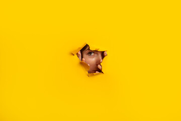 Young woman peeks out of a hole in the wall on a yellow background. Banner