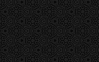 Geometric 3D convex volumetric abstraction. Original black background of simple patterns, curls and lines in African, Mexican, Indian style. Ethnic relief texture.