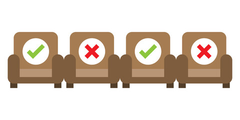 Chairs in public with sit and do not sit symbols. keep the social distancing concept.