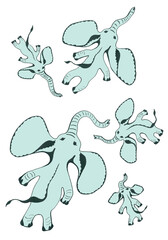 Cute cartoon flying elephants. Isolated stylized flat images. Elements of a graphic seamless animal pattern. Colored illustration for creative design of children's clothing and interior.