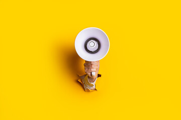 Female hand holding a megaphone from a hole in the wall on a yellow background. Concept of hiring, ad, discounts. Banner - obrazy, fototapety, plakaty
