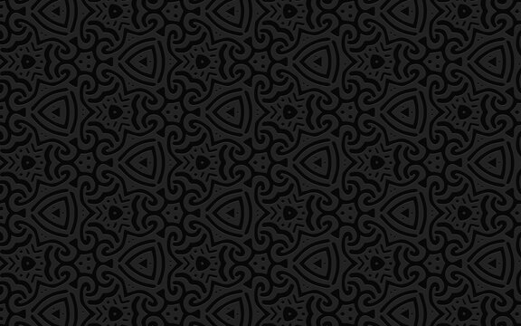 Geometric 3D convex volumetric abstraction. Original black background of simple patterns, curls and lines in African, Mexican, Indian style. Ethnic relief texture.