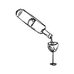 bottle of wine and glass, hand drawn doodle vector, line art