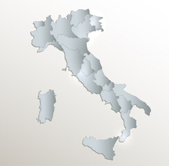 Italy map, administrative division, white blue card paper 3D blank