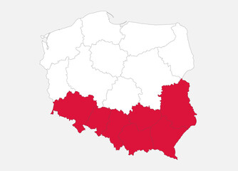 Map of the Republic of Poland in the colors of the flag Slovakia with administrative divisions blank