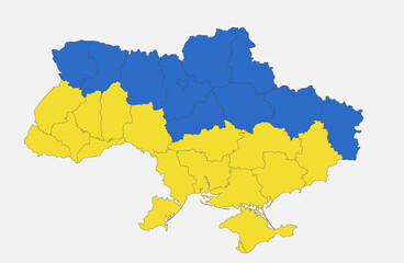 Map of the Ukraine in the colors of the flag, administrative divisions blank