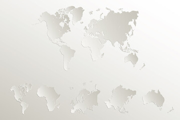 World continents map, America, Europe, Africa, Asia, Australia, Natural paper 3D blank