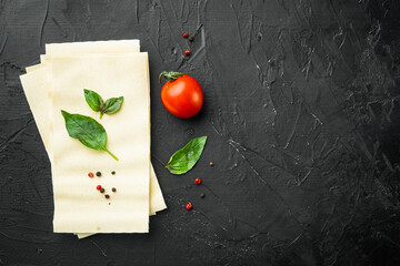 Lasagna dough sheets, with seasoning and herb, on black stone background, top view, flat lay, with copy space for text