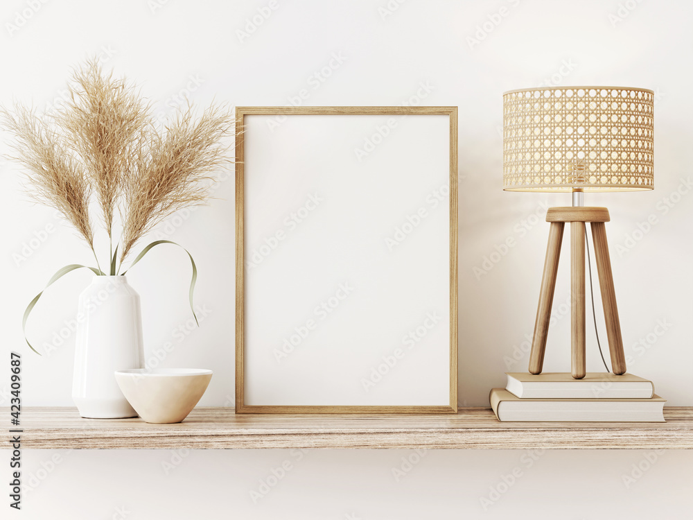 Leinwandbilder small vertical wooden frame mockup in japandi style room interior with caned lamp and dried pampas g