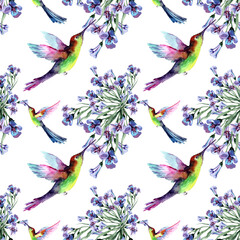 Seamless pattern with tropical flying hummingbirds and beautiful blue flowers in a bouquet on a white background. Hand drawn watercolor for fabric design, background, textile, packaging, wallpaper.