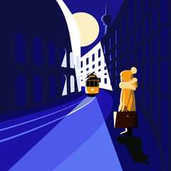 A girl with a briefcase in her hand is waiting for a school tram. Vector illustration.