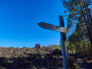 Sign post on a hiking trail showing directions