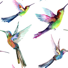 Seamless pattern with tropical little hummingbirds in flight. Hand-drawn watercolor on a white background for the design of cards, invitations, banner, fabric, wrappers, packaging, textiles.