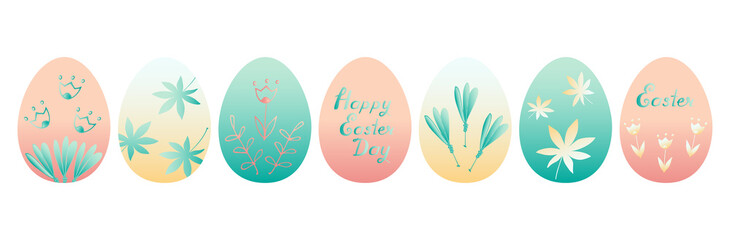 Vector illustration Happy Easter. Happy easter eggs. Set of Easter eggs with different texture on a white background. Spring holiday. Set of easter eggs with geometric and floral ornaments.