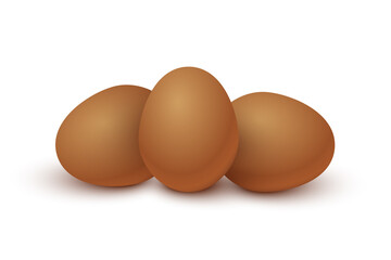 Three raw brown eggs set. Organic fresh food for breakfast vector illustration. Whole eggs ready for cooking and eating, yolk and protein inside, isolated on white background