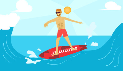 Happy summer, holiday. Man surfing in the sea, surfing on the sea.  Vector illustration for content  Activities at the sea, relaxation lifestyle, happiness, surfing, surfing, summer, vacation