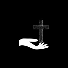 Hand with holy cross icon isolated on dark background