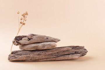 Eco-friendly natural monochrome composition on neutral beige background. Balancing pyramid of three driftwood and flax plant. Concept of harmony and balance. Podium for product presentation. - obrazy, fototapety, plakaty