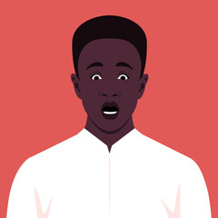 Shocked face. Portrait of an African guy who opened his mouth in surprise. Vector flat illustration