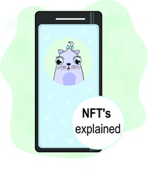 smartphone with kitty and text NFT is explained