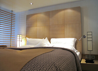 View into elegant clean modern design futuristic minimalistic ocean view suite with balcony,...