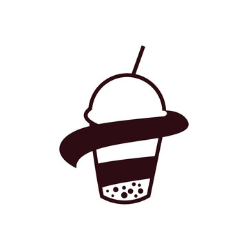 Vector Logo Of Tea Bubble Milk Drink, Tapioca Cup. Boba Bubble Tea Logo Pearl Taiwan Thai Drink Tapioca.