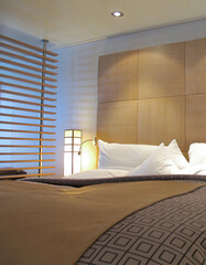 View into elegant clean modern design futuristic minimalistic ocean view suite with balcony,...