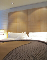 View into elegant clean modern design futuristic minimalistic ocean view suite with balcony,...