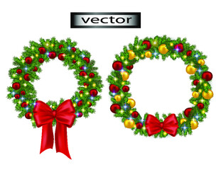Christmas wreath for the new year holiday with bright glowing lights garland traditional Christmas tree interior decoration with shiny glass balls hang on the door