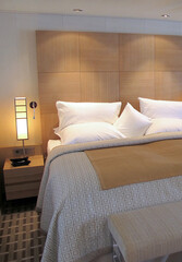 View into elegant clean modern design futuristic minimalistic ocean view suite with balcony,...