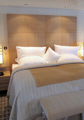 View into elegant clean modern design futuristic minimalistic ocean view suite with balcony,...
