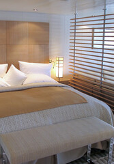 View into elegant clean modern design futuristic minimalistic ocean view suite with balcony,...