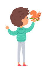 Boy painting wall in kindergarten with squirrel. Kid doing creative art with brush vector illustration. Little happy boy drawing animal on branch with paint in room