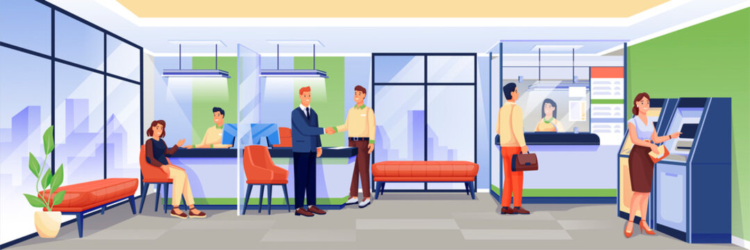Workers and clients in bank office. Finance services, business department vector illustration. Financial workplace interior background design with counters, atms, chairs indoor
