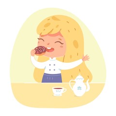 Girl tasting prepared doughnuts at home. Little kid in apron eating doughnut with icing and sugar after cooking vector illustration. Young happy chef with sweet food in kitchen