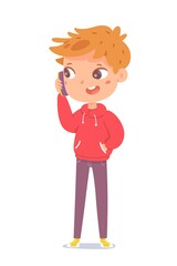 Little boy talking on phone. Kid calling on smartphone isolated on white background. Child holding mobile device in hand vector illustration. Fun social activities with electronics