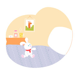 Bedroom of little boy interior design background. Room with bed with pillow and blanket, wall with picture in frame. Modern home of small child with cup, rabbit toy vector illustration