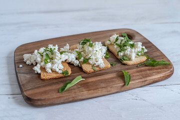 Obraz na płótnie Canvas Cottage Cheese Toast with mint over wooden background with copy space.