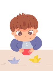 Boy making origami in art and crafts class. Little child folding paper into bird, ship, sitting at desk in school classroom. Creative activities with tools vector illustration