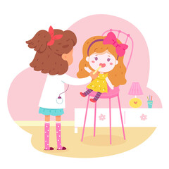 Little girl playing doctor with doll. Happy kid with toy as patient sitting on chair vector illustration. Cute child treating sore throat. Childhood activity at home scene