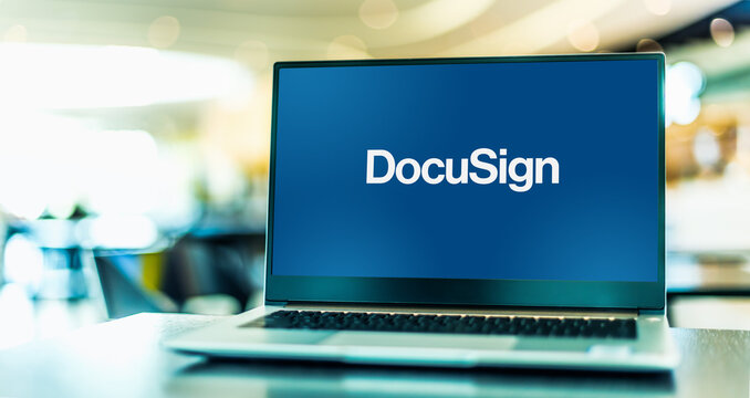 Laptop computer displaying logo of DocuSign