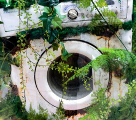 An old rusty washing machine overgrown with grass and plants. The concept of ecological attitude to...