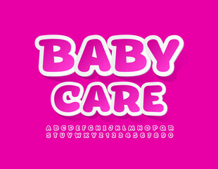 Vector cute sign Baby Care. Bright creative Font. Sticker style Alphabet Letters and Numbers set