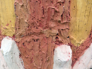 Tempera paint texture ocher and white colors. Embossed paint background. Thick paint cement wall...