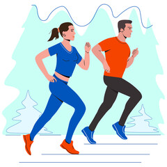 Man and woman jogging, leading a healthy sporty lifestyle, vector illustration