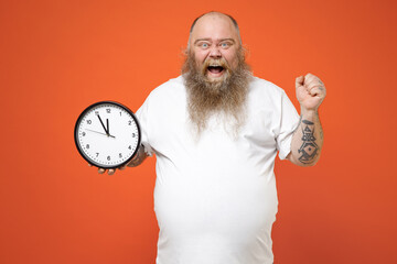 Fat fun pudge obese chubby overweight tattooed blue-eyed bearded man 30s has big belly in white...