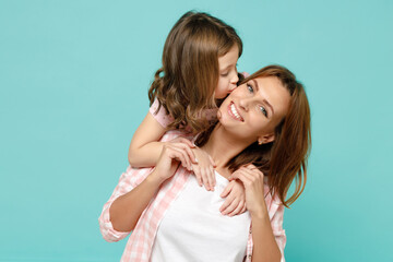 Happy woman in pink clothes have fun with child baby girl 5-6 years old Mommy little kid daughter...