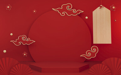 Mock up poium China Red, minimal .red geometric design.3D rendering