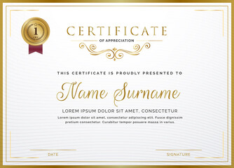 Certificate template with golden frame border and gold badge for Diploma, deed, certificate of appreciation, achievement, attendance, award plaque design, gift certificate.