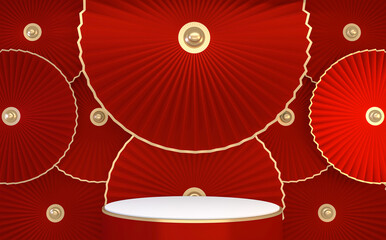 Mock up poium China Red, minimal .red geometric design.3D rendering